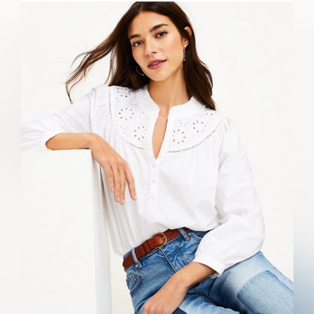 LOFT Round Yoke Blouse | Cotton Linen Blend |White | Size Large